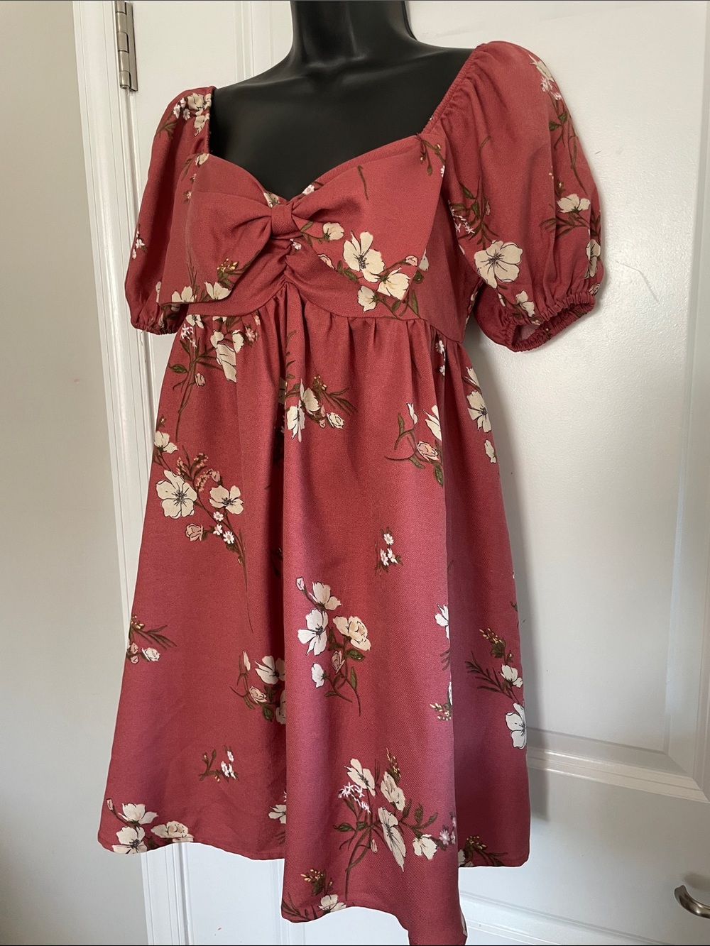 Floral Tie-Front Puff Sleeve Dress - Rose